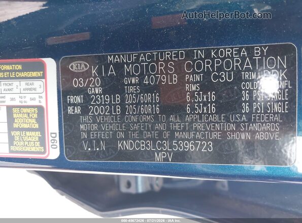KNDCB3LC3L5396723 2020 KIA NIRO Blue Vista del compartimento del motor