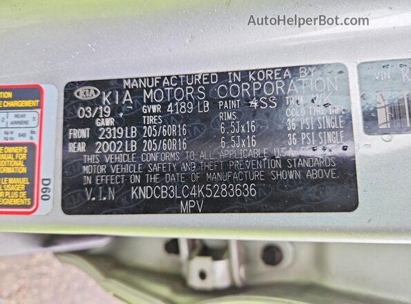 KNDCB3LC4K5283636 2019 KIA NIRO Silver Widok naklejki z numerem VIN
