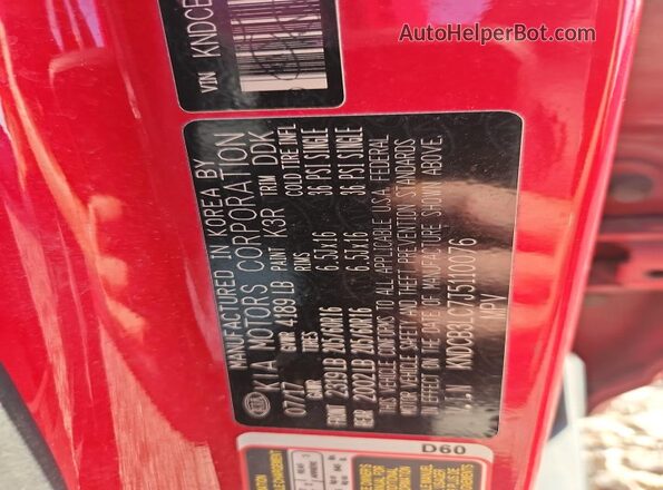 KNDCB3LC7J5110076 2018 KIA NIRO Red VIN sticker view