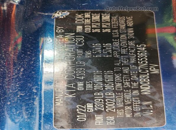 KNDCB3LC7N5536145 2022 KIA NIRO Blue Widok naklejki z numerem VIN