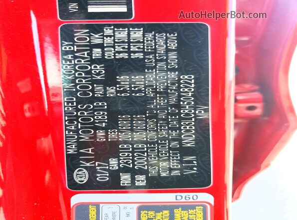 KNDCB3LC8H5048228 2017 KIA NIRO Red VIN sticker view