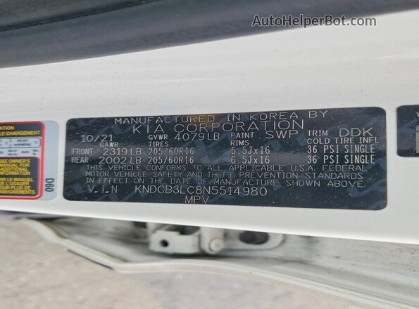 KNDCB3LC8N5514980 2022 KIA NIRO White Вид наклейки з VIN-кодом