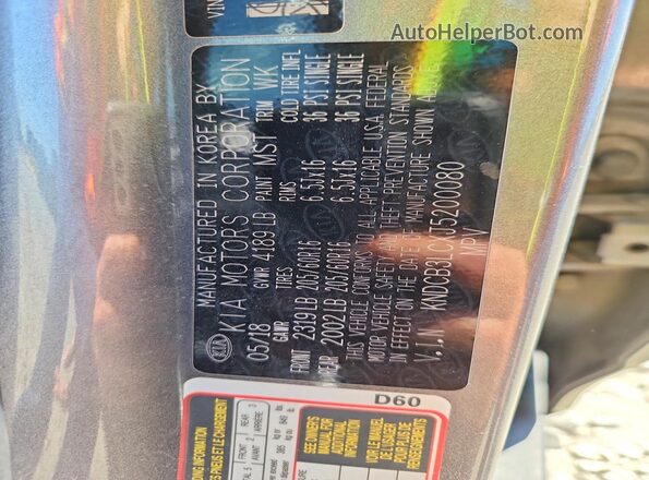 KNDCB3LCXJ5200080 2018 KIA NIRO Gray VIN კოდის სტიკერის ხედი