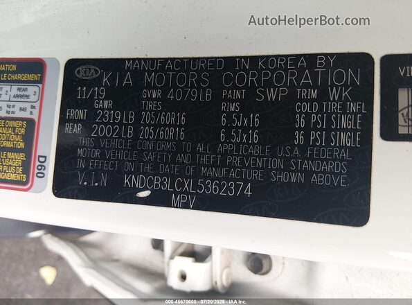 KNDCB3LCXL5362374 2020 KIA NIRO White Widok komory silnika