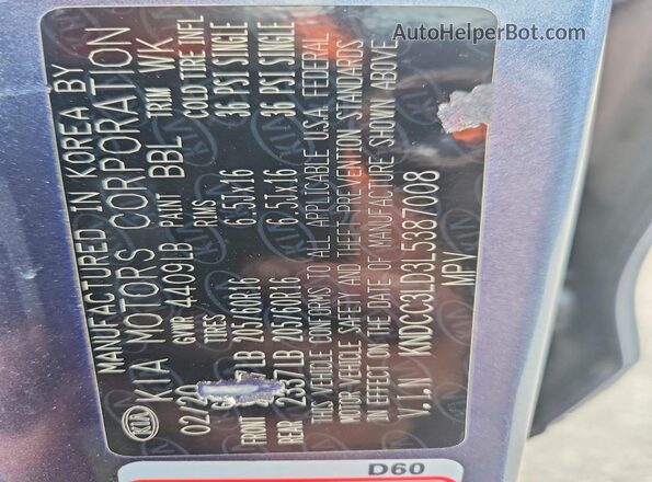 KNDCC3LD3L5387008 2020 KIA NIRO Blue Widok naklejki z numerem VIN