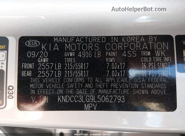 KNDCC3LG9L5062793 2020 KIA NIRO EV Silver Widok komory silnika