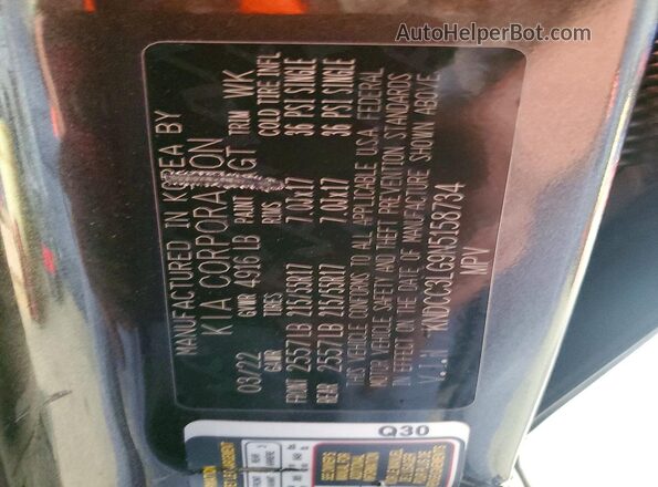 KNDCC3LG9N5158734 2022 KIA NIRO Charcoal Vista de la etiqueta del VIN