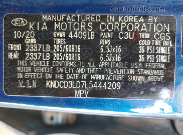 KNDCD3LD7L5444209 2020 KIA NIRO Blue Շարժիչի բաժամունքի տեսք
