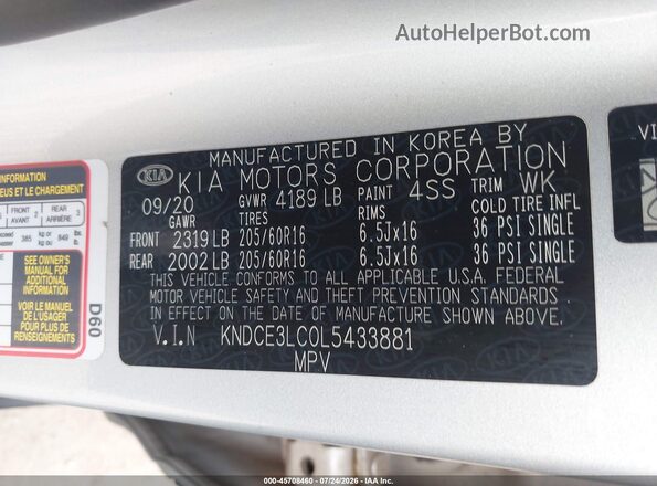 KNDCE3LC0L5433881 2020 KIA NIRO Silver Շարժիչի բաժամունքի տեսք