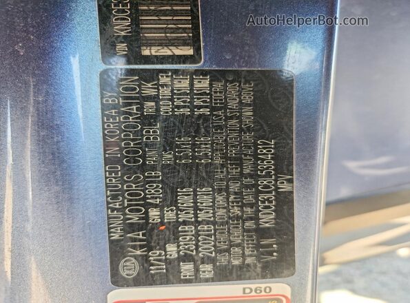 KNDCE3LC8L5364812 2020 KIA NIRO Blue Widok naklejki z numerem VIN
