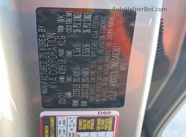 KNDCE3LC9N5546361 2022 KIA NIRO Gray Vista de la etiqueta del VIN