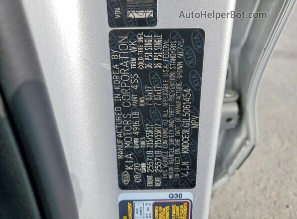 KNDCE3LG1L5061454 2020 KIA NIRO Silver Vista de la etiqueta del VIN