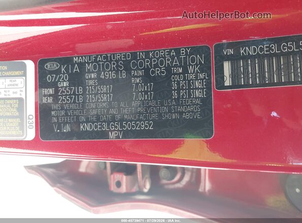 KNDCE3LG5L5052952 2020 KIA NIRO EV Red VIN კოდის სტიკერის ხედი