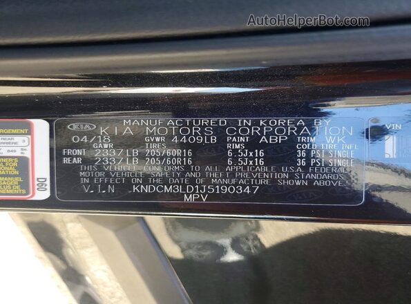 KNDCM3LD1J5190347 2018 KIA NIRO Black VIN sticker view