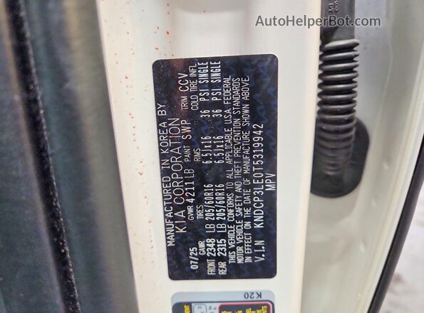 KNDCP3LE0T5319942 2026 KIA NIRO White Widok naklejki z numerem VIN