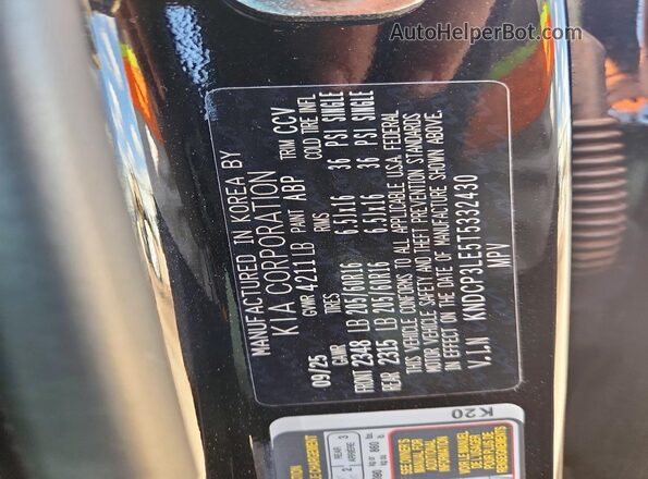 KNDCP3LE5T5332430 2026 KIA NIRO Black VIN კოდის სტიკერის ხედი