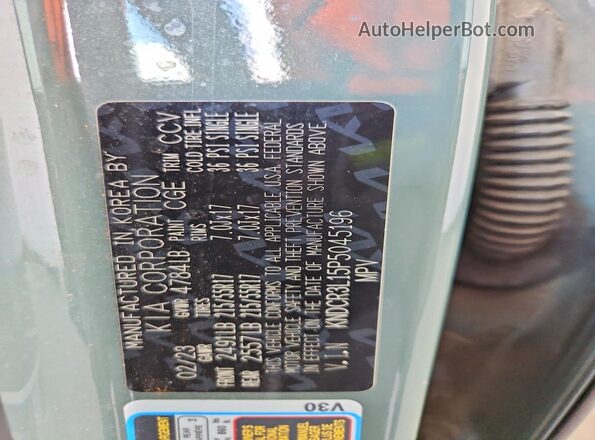 KNDCR3L15P5045196 2023 KIA NIRO Green VIN კოდის სტიკერის ხედი