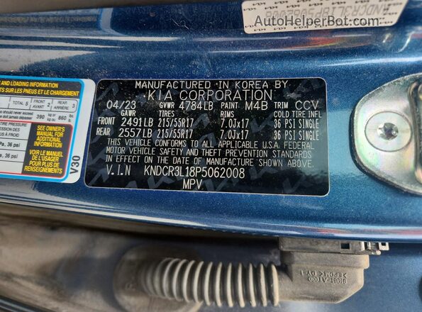 KNDCR3L18P5062008 2023 KIA NIRO Blue Вид наклейки з VIN-кодом