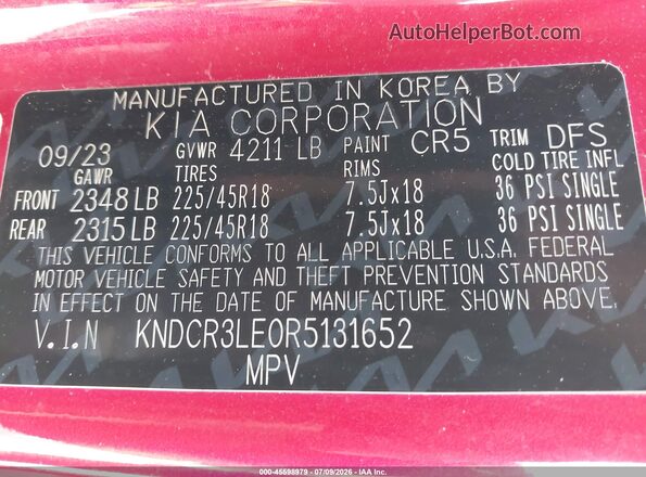 KNDCR3LE0R5131652 2024 KIA NIRO Red Vista del compartimento del motor