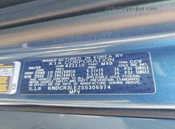 KNDCR3LE2S5306974 2025 KIA NIRO Blue VIN կոդի պիտակի տեսք