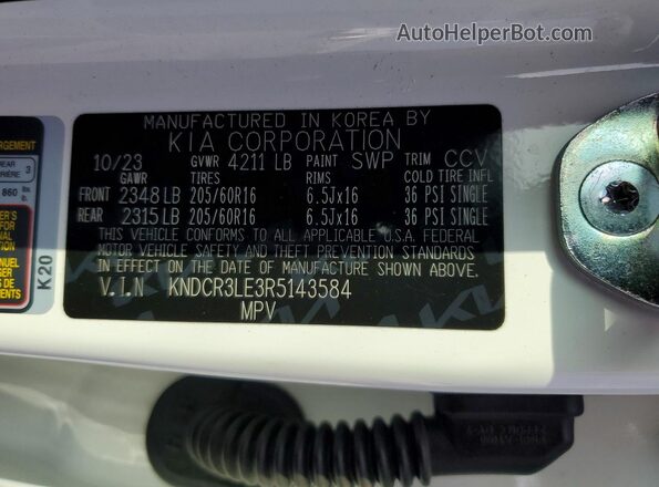 KNDCR3LE3R5143584 2024 KIA NIRO White Vista de la etiqueta del VIN