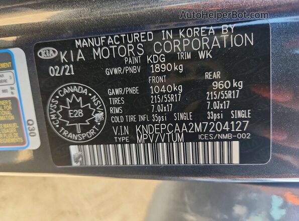 KNDEPCAA2M7204127 2021 KIA SELTOS Gray Вид наклейки з VIN-кодом