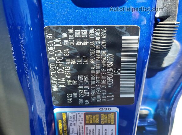 KNDEPCAA2N7341330 2022 KIA SELTOS Blue VIN კოდის სტიკერის ხედი