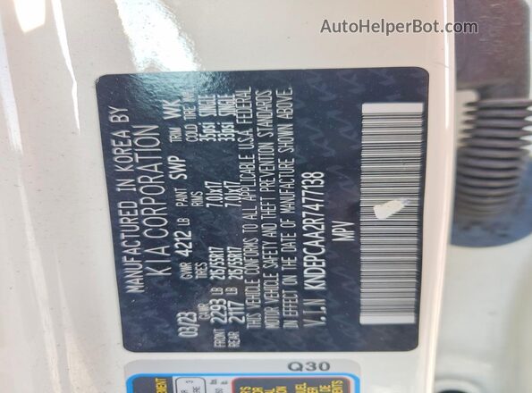KNDEPCAA2R7477138 2024 KIA SELTOS White VIN კოდის სტიკერის ხედი