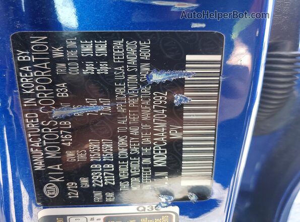 KNDEPCAA4M7047992 2021 KIA SELTOS Blue VIN կոդի պիտակի տեսք