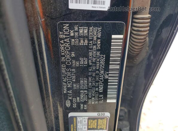 KNDEPCAA5M7058922 2021 KIA SELTOS Black VIN კოდის სტიკერის ხედი
