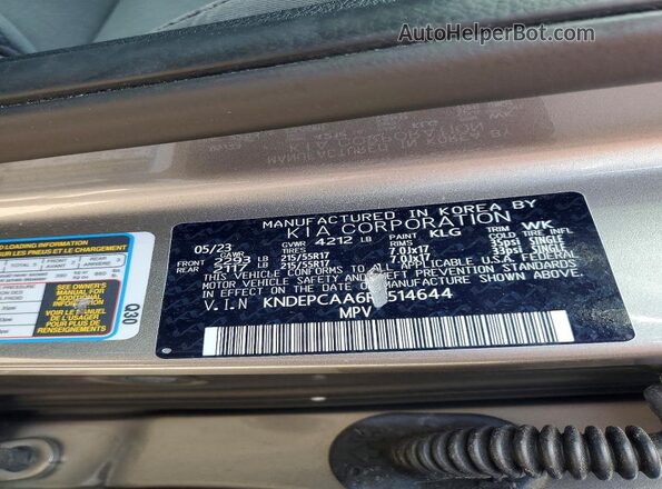 KNDEPCAA6R7514644 2024 KIA SELTOS Gray Вид наклейки з VIN-кодом