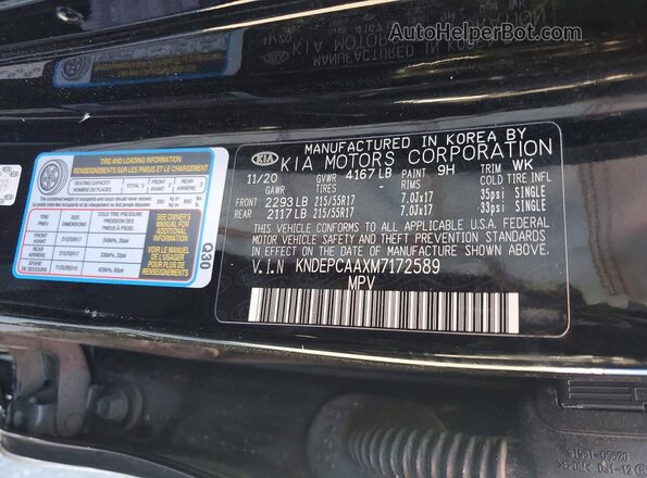 KNDEPCAAXM7172589 2021 KIA SELTOS Черный Вид наклейки с VIN-кодом