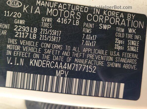 KNDERCAA4M7177152 2021 KIA SELTOS White Vista de la etiqueta del VIN