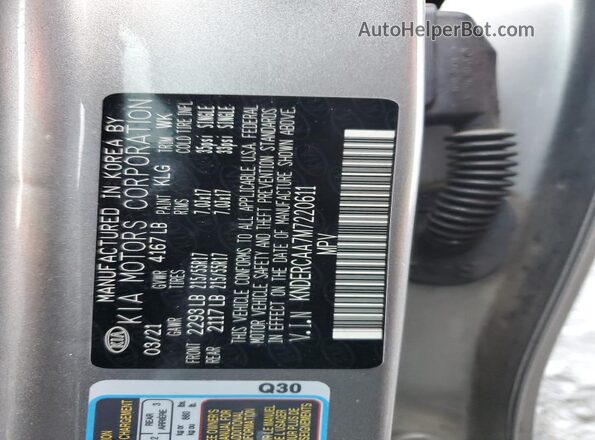 KNDERCAA7M7220611 2021 KIA SELTOS Silver VIN sticker view