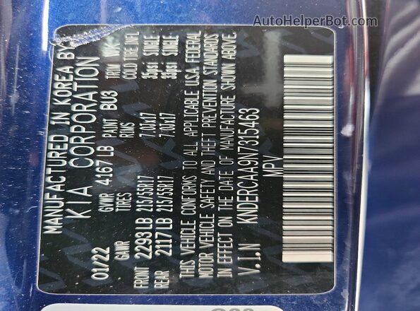 KNDERCAA9N7315463 2022 KIA SELTOS Blue VIN sticker view