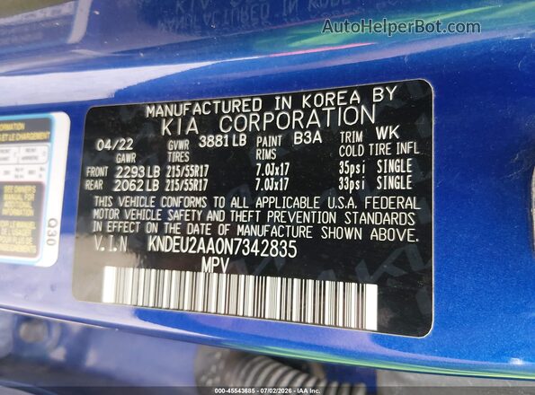 KNDEU2AA0N7342835 2022 KIA SELTOS Blue Widok komory silnika