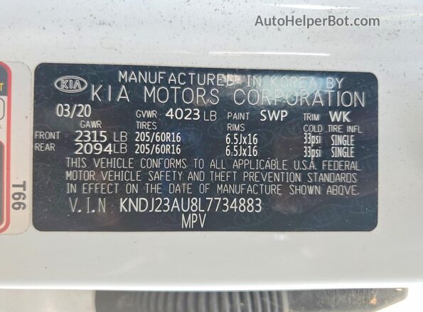 KNDJ23AU8L7734883 2020 KIA SOUL White VIN კოდის სტიკერის ხედი
