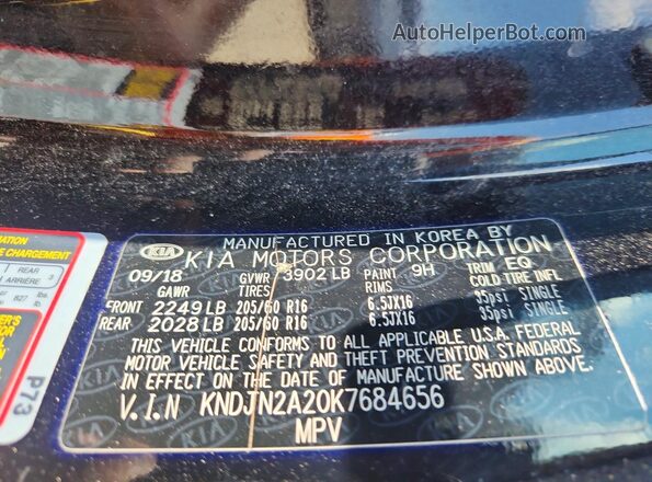 KNDJN2A20K7684656 2019 KIA SOUL Black Vista de la etiqueta del VIN