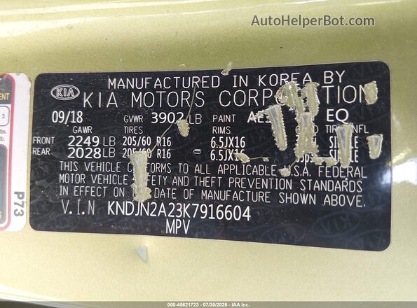 KNDJN2A23K7916604 2019 KIA SOUL Green Widok komory silnika