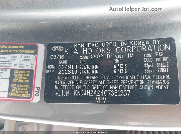 KNDJN2A24G7351237 2016 KIA SOUL Silver Շարժիչի բաժամունքի տեսք