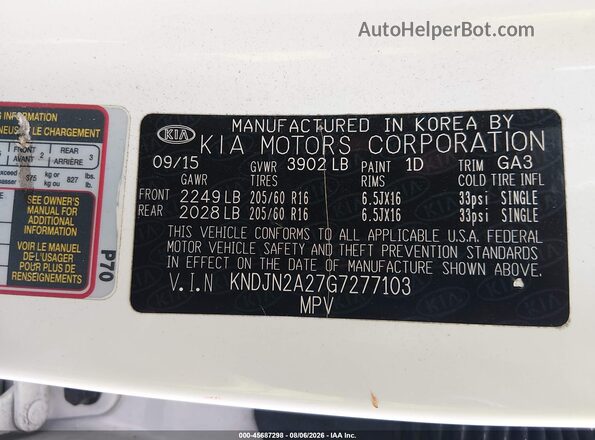 KNDJN2A27G7277103 2016 KIA SOUL White ძრავის განყოფილების ხედი