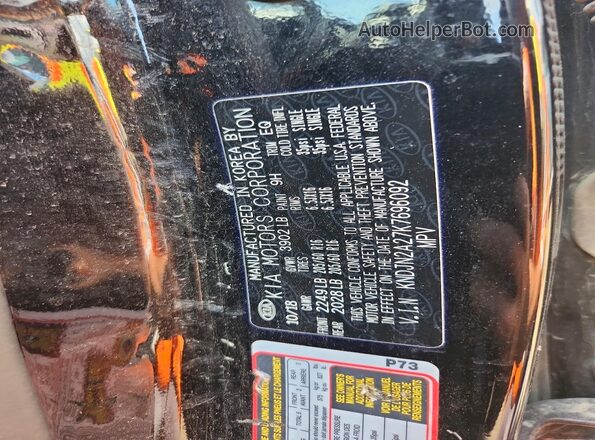 KNDJN2A27K7696092 2019 KIA SOUL Черный Вид наклейки с VIN-кодом