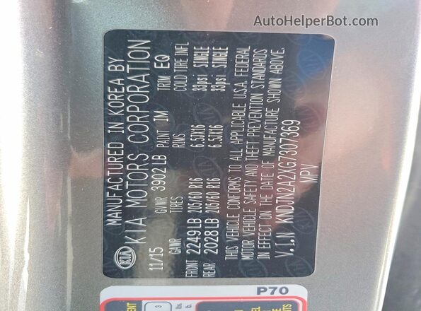 KNDJN2A2XG7307369 2016 KIA SOUL Silver Widok naklejki z numerem VIN