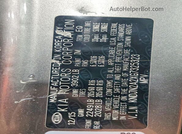 KNDJN2A2XG7325323 2016 KIA SOUL Серый Вид наклейки с VIN-кодом