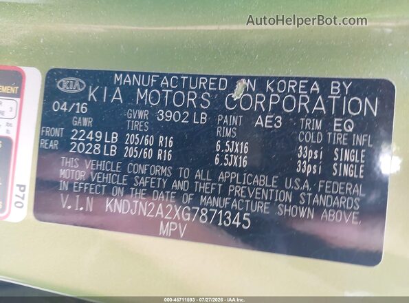 KNDJN2A2XG7871345 2016 KIA SOUL Green ძრავის განყოფილების ხედი