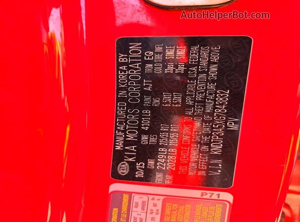KNDJP3A5XG7843832 2016 KIA SOUL Red Вид наклейки з VIN-кодом