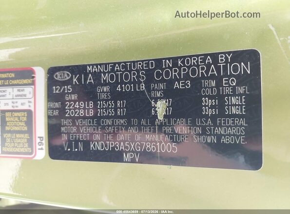 KNDJP3A5XG7861005 2016 KIA SOUL Green Vista del compartimento del motor