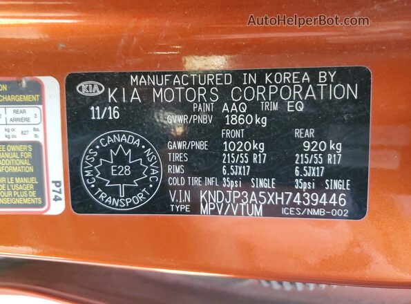 KNDJP3A5XH7439446 2017 KIA SOUL Orange ძრავის განყოფილების ხედი
