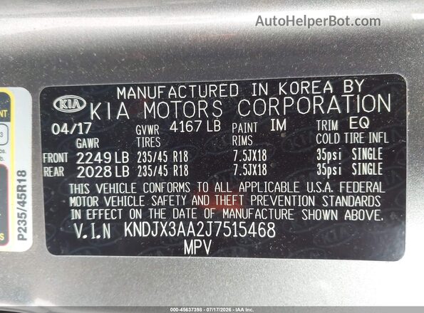 KNDJX3AA2J7515468 2018 KIA SOUL Gray Շարժիչի բաժամունքի տեսք