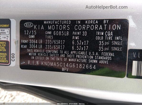 KNDMA5C14G6182664 2016 KIA SEDONA Silver Engine compartment view